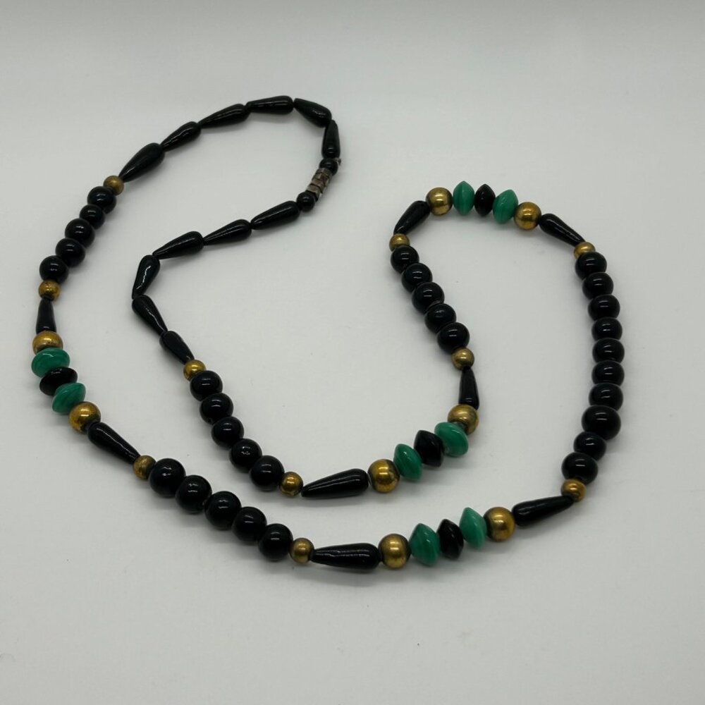 Vintage Glass Beaded Necklace Black Green Brass Accents Statement Long Art Deco